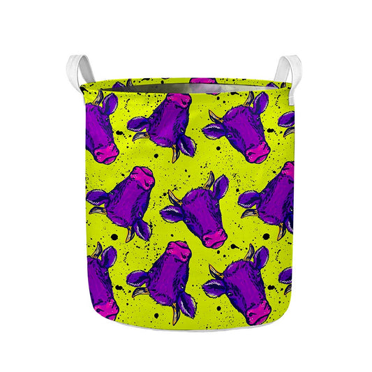 Lime Green And Purple Cow Pattern Print Collapsible Laundry Basket