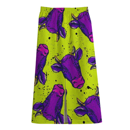 Lime Green And Purple Cow Pattern Print Cotton Front Slit Maxi Skirt