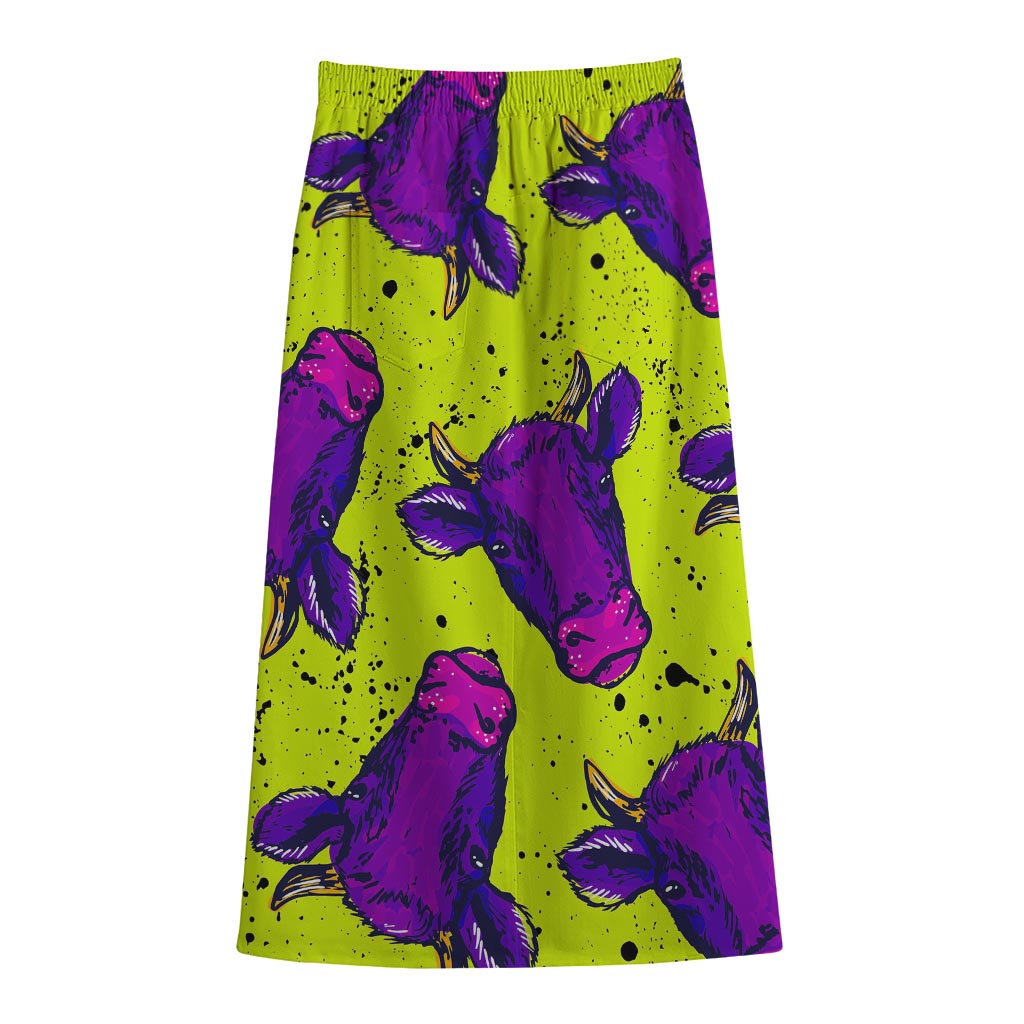 Lime Green And Purple Cow Pattern Print Cotton Front Slit Maxi Skirt