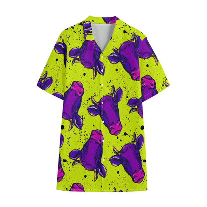 Lime Green And Purple Cow Pattern Print Cotton Hawaiian Shirt