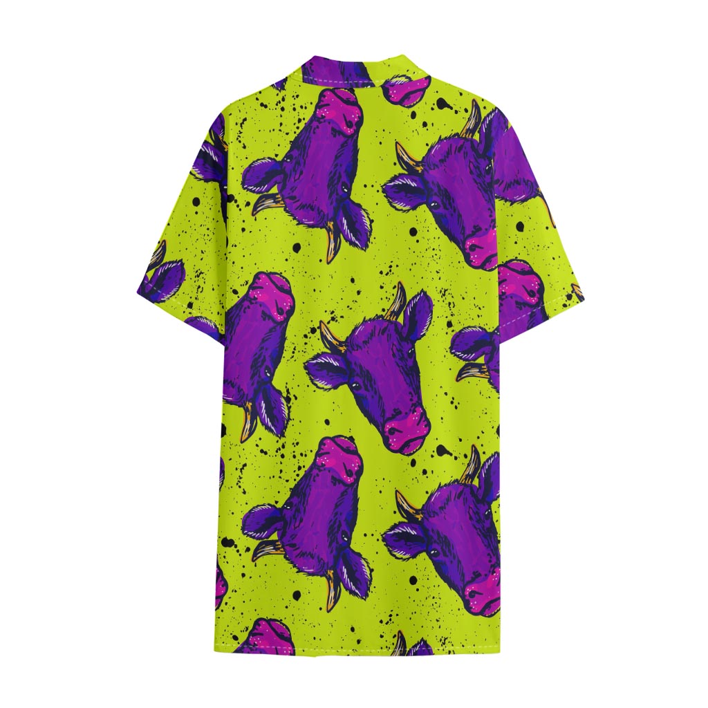 Lime Green And Purple Cow Pattern Print Cotton Hawaiian Shirt