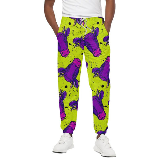 Lime Green And Purple Cow Pattern Print Cotton Pants