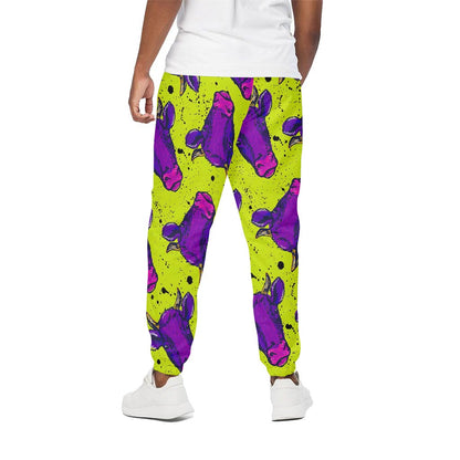 Lime Green And Purple Cow Pattern Print Cotton Pants