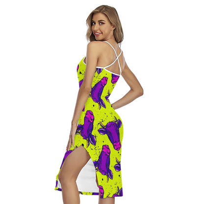 Lime Green And Purple Cow Pattern Print Cross Back Cami Dress
