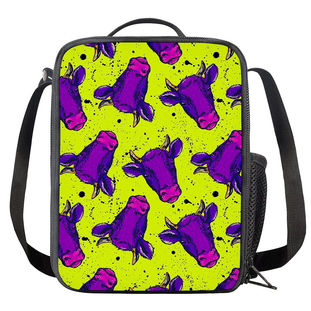 Lime Green And Purple Cow Pattern Print Crossbody Lunch Bag