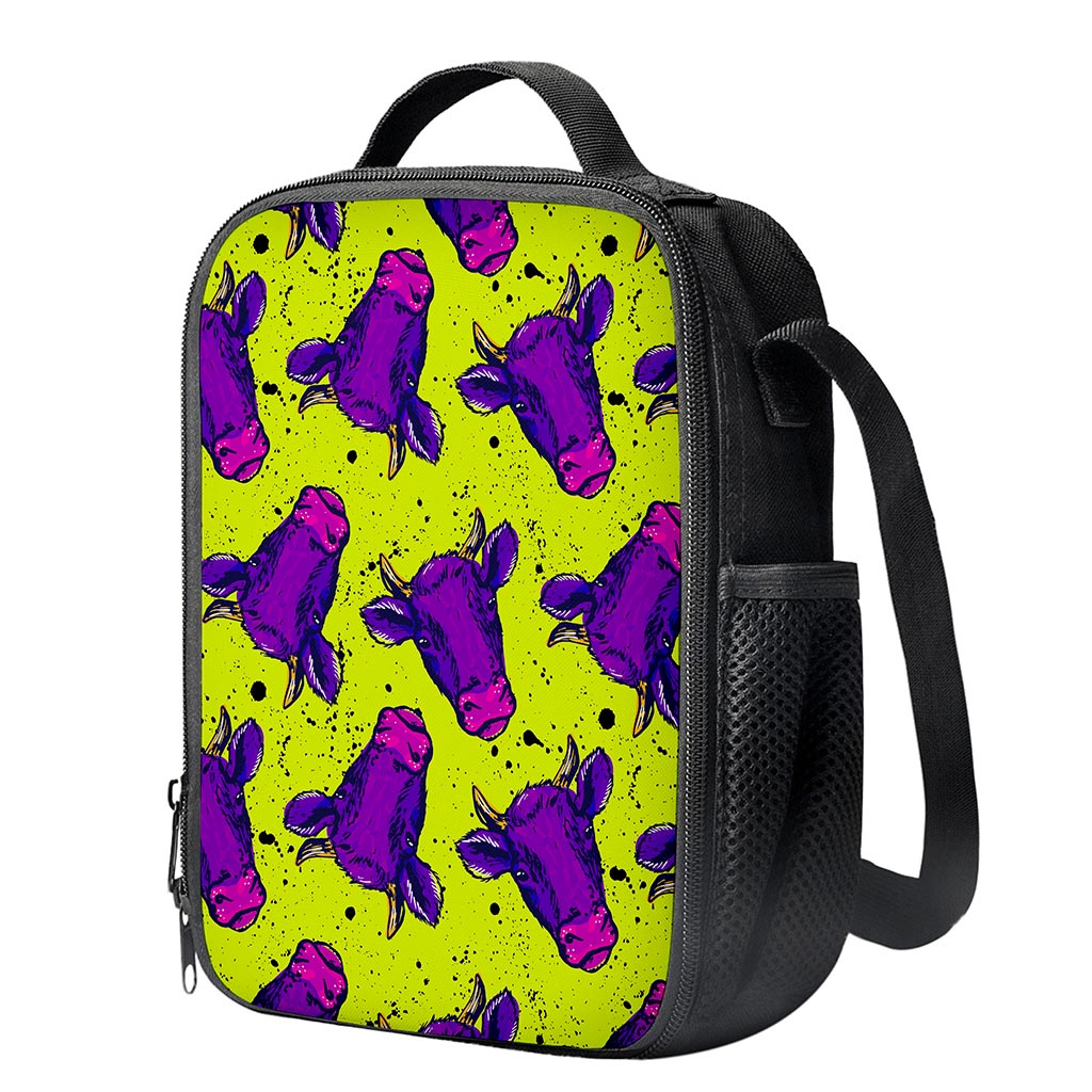 Lime Green And Purple Cow Pattern Print Crossbody Lunch Bag