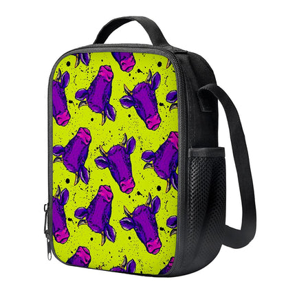Lime Green And Purple Cow Pattern Print Crossbody Lunch Bag
