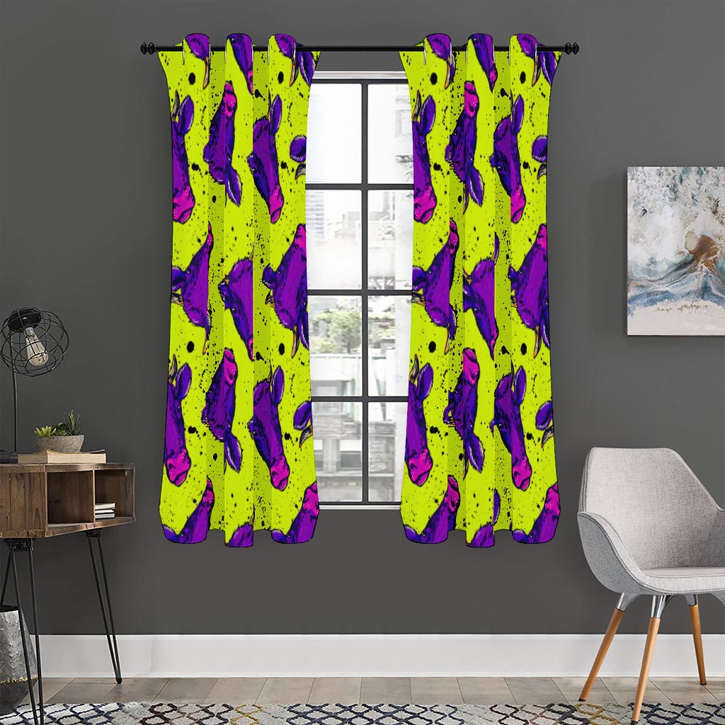 Lime Green And Purple Cow Pattern Print Curtain