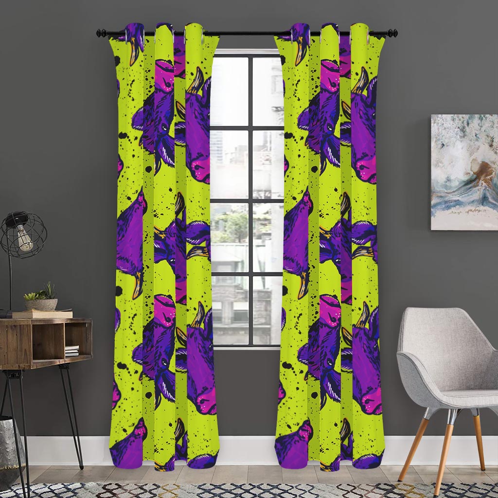 Lime Green And Purple Cow Pattern Print Curtain
