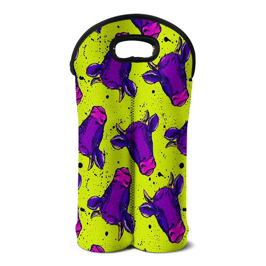 Lime Green And Purple Cow Pattern Print Double Neoprene Wine Tote