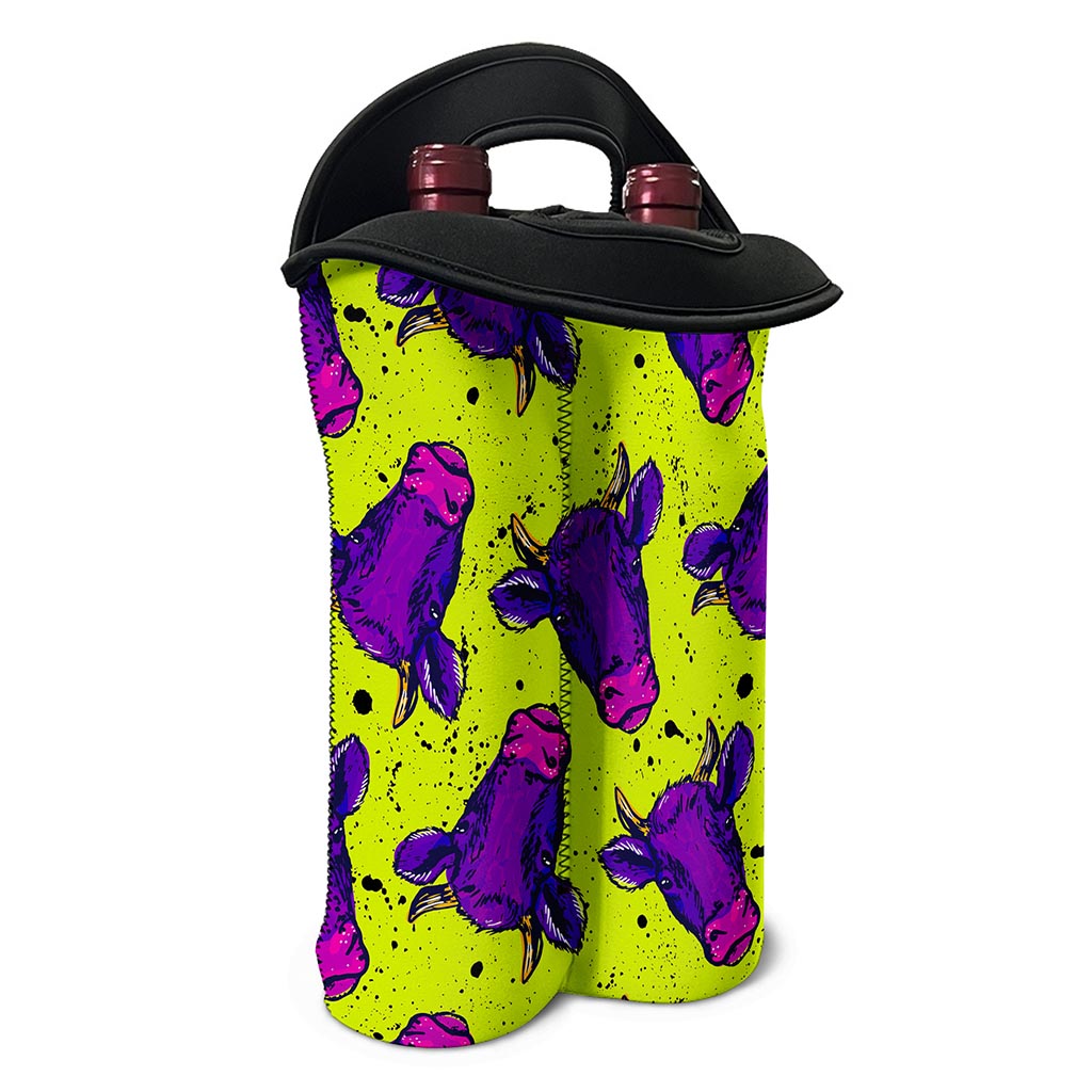 Lime Green And Purple Cow Pattern Print Double Neoprene Wine Tote