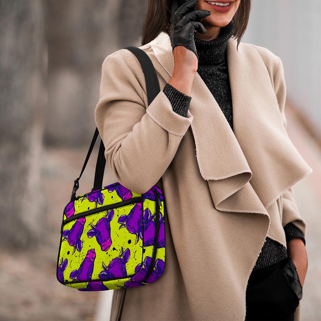 Lime Green And Purple Cow Pattern Print Double Strap Bible Bag
