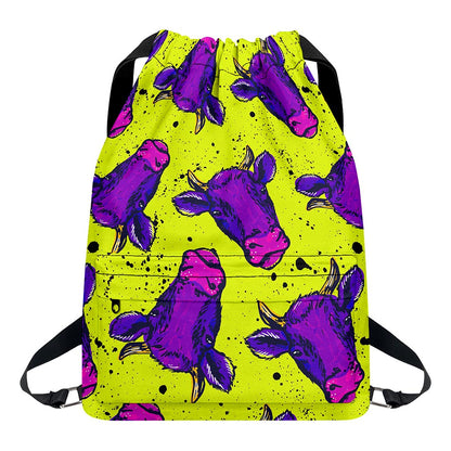 Lime Green And Purple Cow Pattern Print Drawstring Backpack