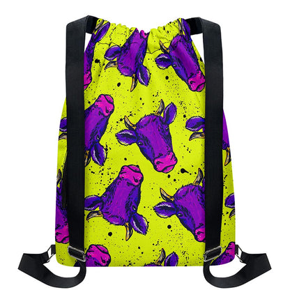 Lime Green And Purple Cow Pattern Print Drawstring Backpack