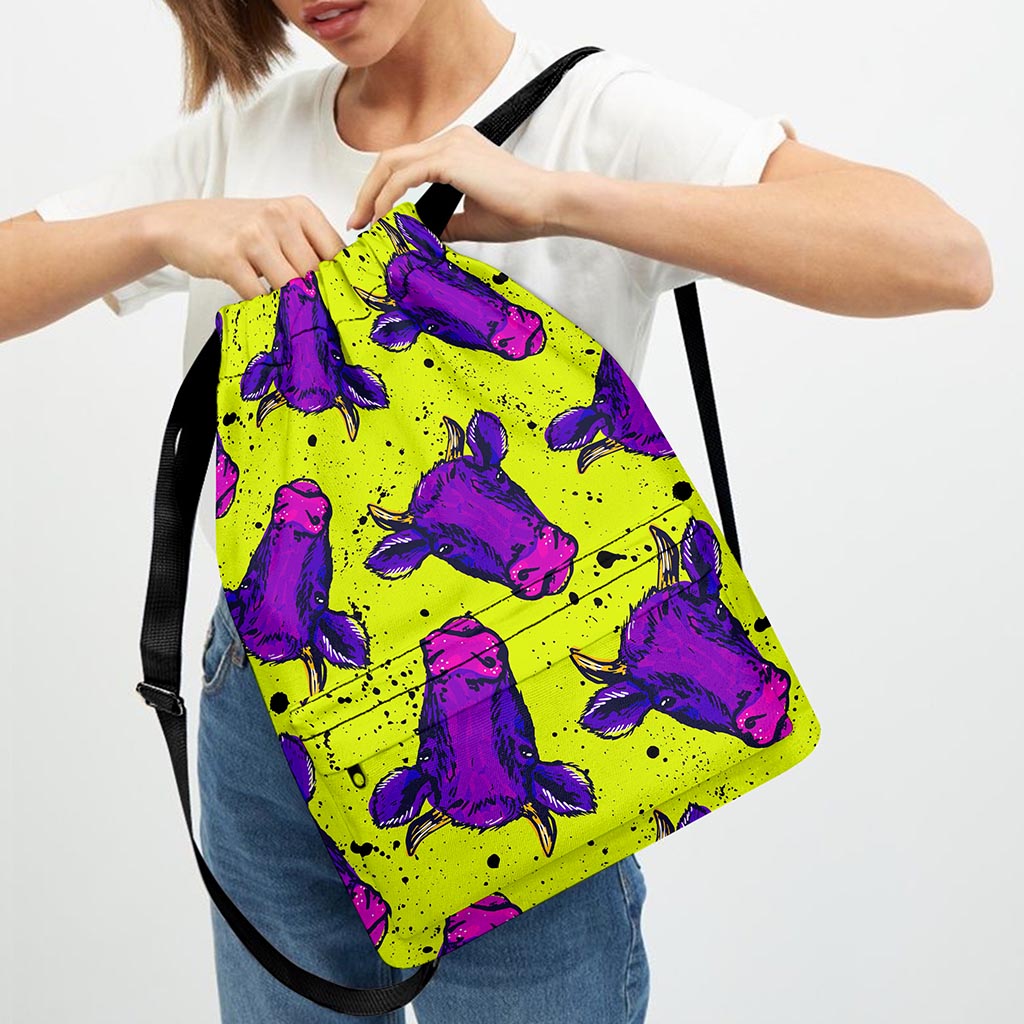 Lime Green And Purple Cow Pattern Print Drawstring Backpack