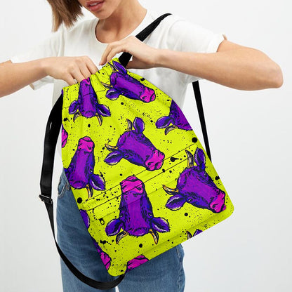 Lime Green And Purple Cow Pattern Print Drawstring Backpack