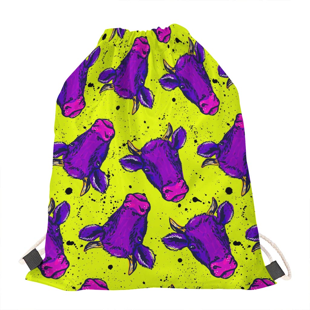 Lime Green And Purple Cow Pattern Print Drawstring Bag