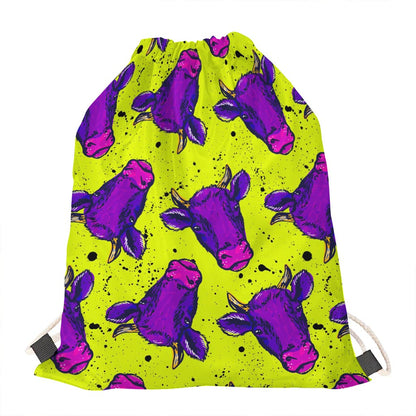 Lime Green And Purple Cow Pattern Print Drawstring Bag