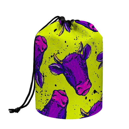 Lime Green And Purple Cow Pattern Print Drawstring Makeup Bag