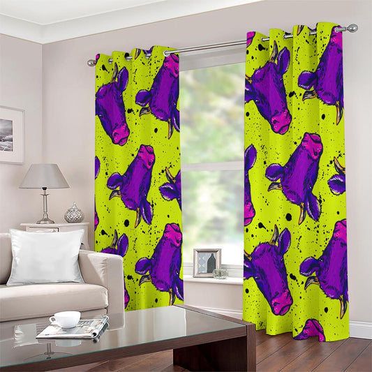 Lime Green And Purple Cow Pattern Print Extra Wide Grommet Curtains