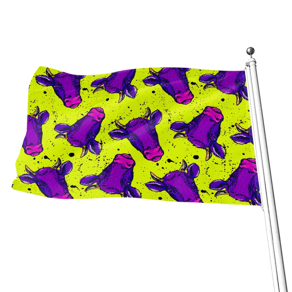 Lime Green And Purple Cow Pattern Print Flag