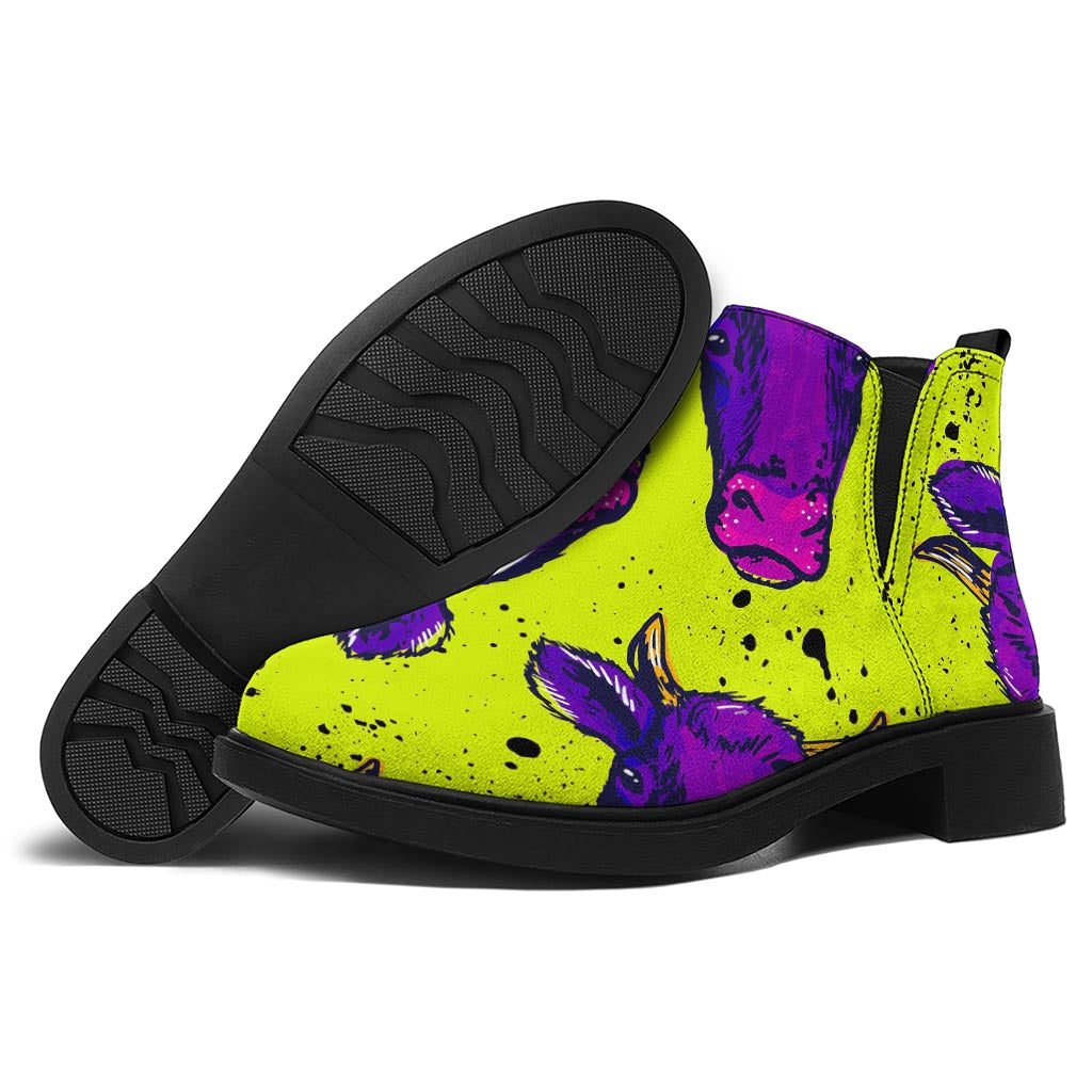 Lime Green And Purple Cow Pattern Print Flat Ankle Boots
