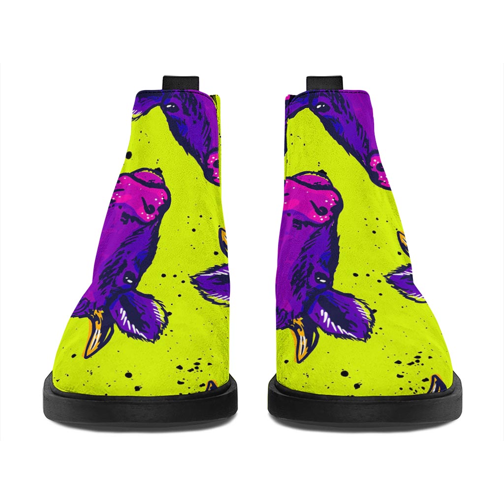 Lime Green And Purple Cow Pattern Print Flat Ankle Boots