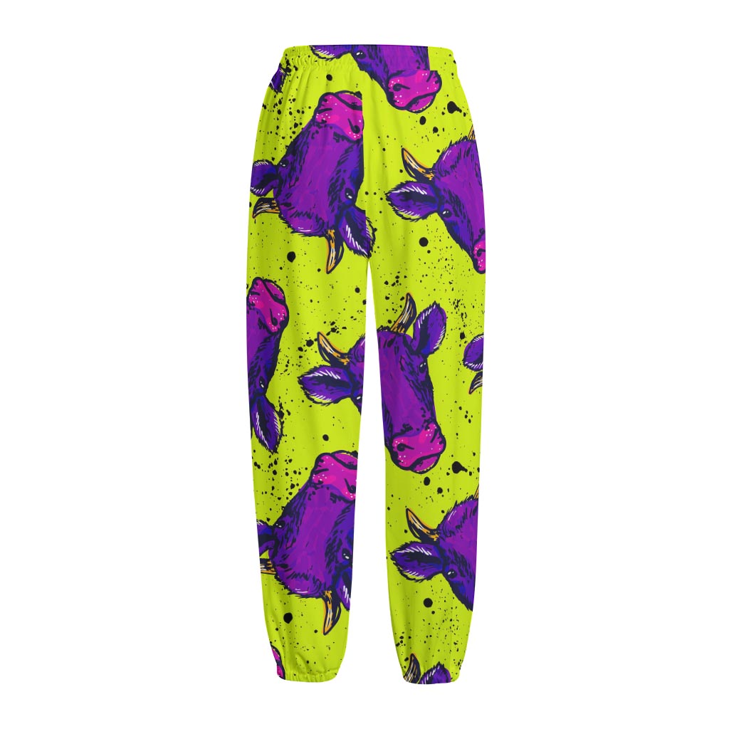 Lime Green And Purple Cow Pattern Print Fleece Lined Knit Pants
