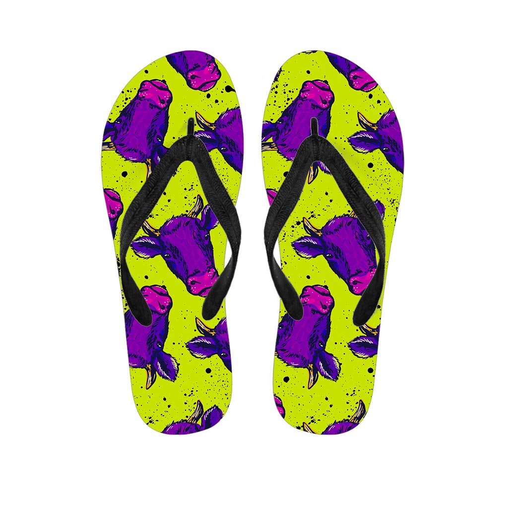 Lime Green And Purple Cow Pattern Print Flip Flops