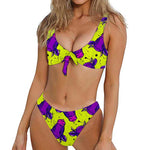 Lime Green And Purple Cow Pattern Print Front Bow Tie Bikini