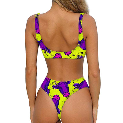 Lime Green And Purple Cow Pattern Print Front Bow Tie Bikini