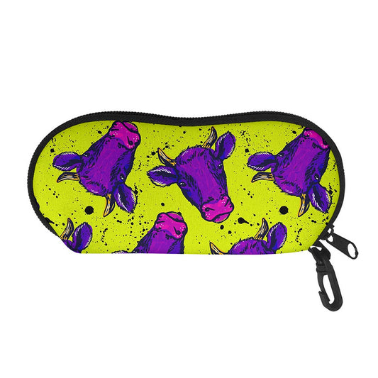 Lime Green And Purple Cow Pattern Print Glasses Case