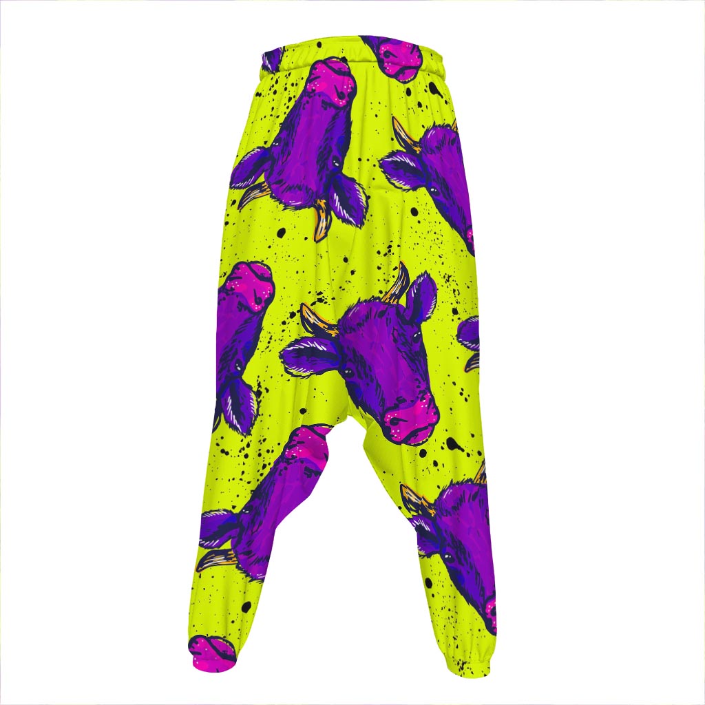 Lime Green And Purple Cow Pattern Print Hammer Pants