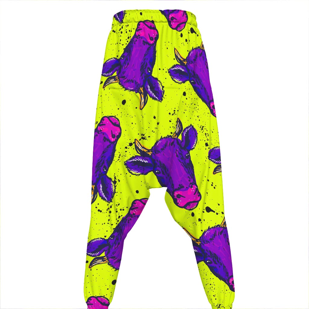 Lime Green And Purple Cow Pattern Print Hammer Pants