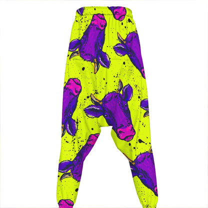 Lime Green And Purple Cow Pattern Print Hammer Pants