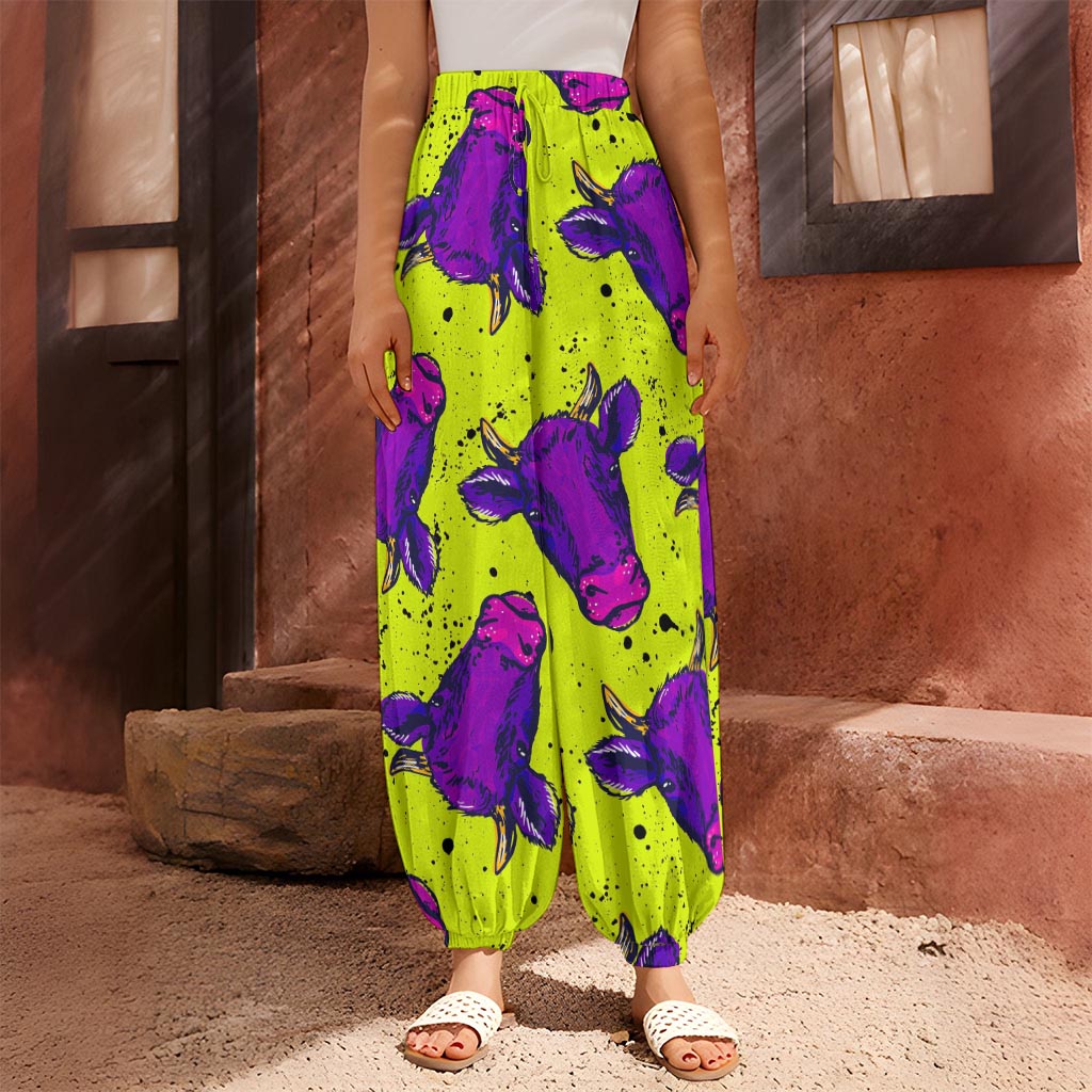Lime Green And Purple Cow Pattern Print Harem Pants