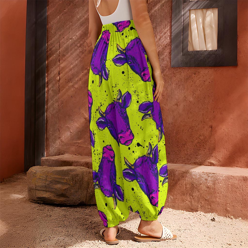 Lime Green And Purple Cow Pattern Print Harem Pants