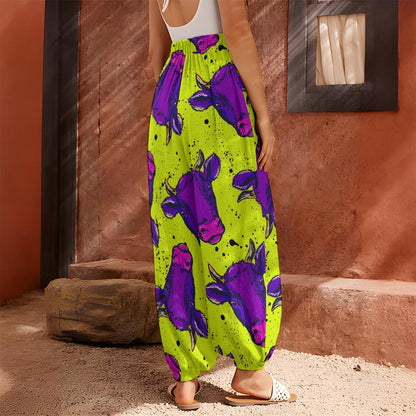 Lime Green And Purple Cow Pattern Print Harem Pants