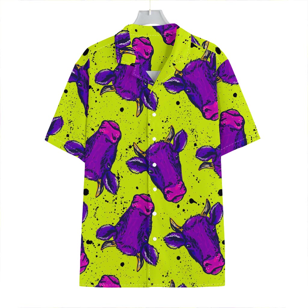 Lime Green And Purple Cow Pattern Print Hawaiian Shirt
