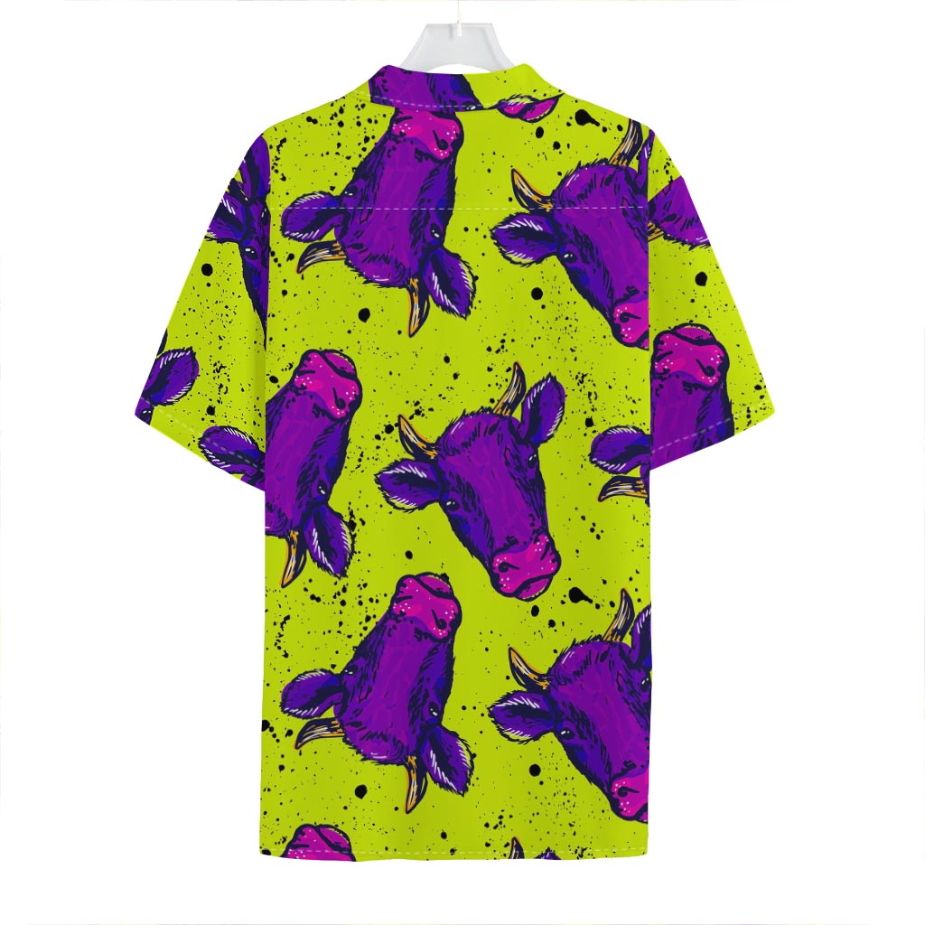 Lime Green And Purple Cow Pattern Print Hawaiian Shirt