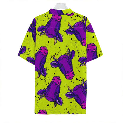 Lime Green And Purple Cow Pattern Print Hawaiian Shirt