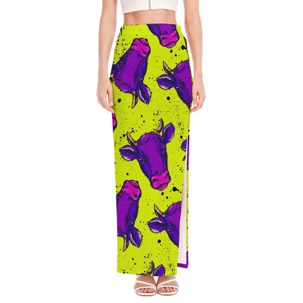 Lime Green And Purple Cow Pattern Print High Slit Maxi Skirt