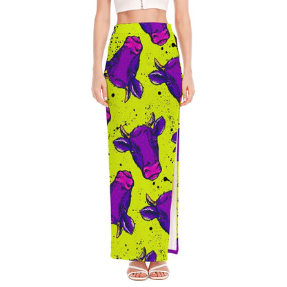 Lime Green And Purple Cow Pattern Print High Slit Maxi Skirt