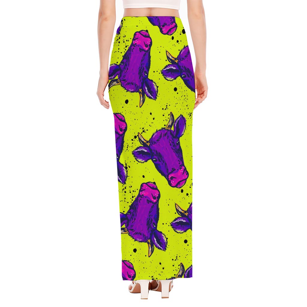 Lime Green And Purple Cow Pattern Print High Slit Maxi Skirt