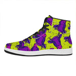 Lime Green And Purple Cow Pattern Print High Top Leather Sneakers