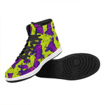 Lime Green And Purple Cow Pattern Print High Top Leather Sneakers