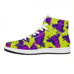 Lime Green And Purple Cow Pattern Print High Top Leather Sneakers