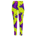 Lime Green And Purple Cow Pattern Print High-Waisted Pocket Leggings