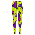 Lime Green And Purple Cow Pattern Print High-Waisted Pocket Leggings