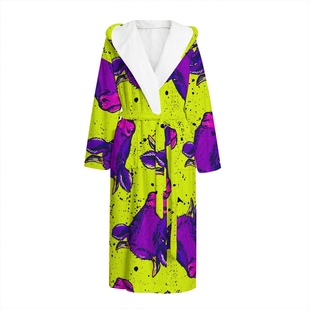 Lime Green And Purple Cow Pattern Print Hooded Bathrobe